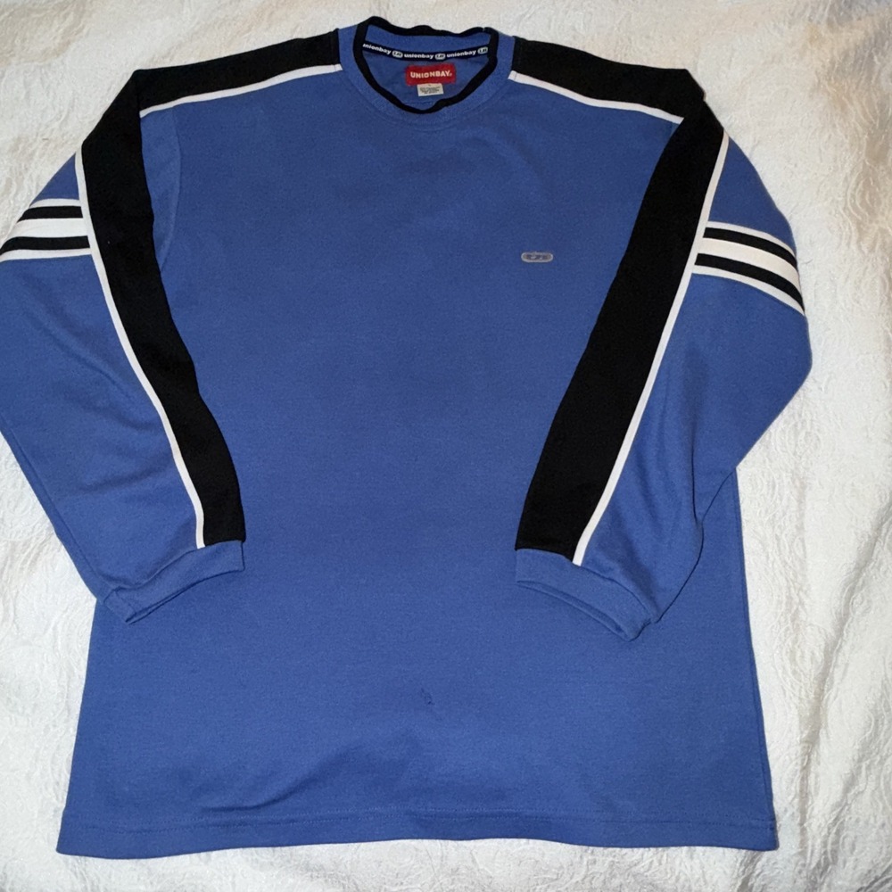Unionbay Crewneck Sweatshirt Blue Black Stripe XL Fits Like‎ Men's Large